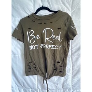 ON‎ FIRE Olive Green Distressed Tie Front Graphic T Shirt Womens Size Medium